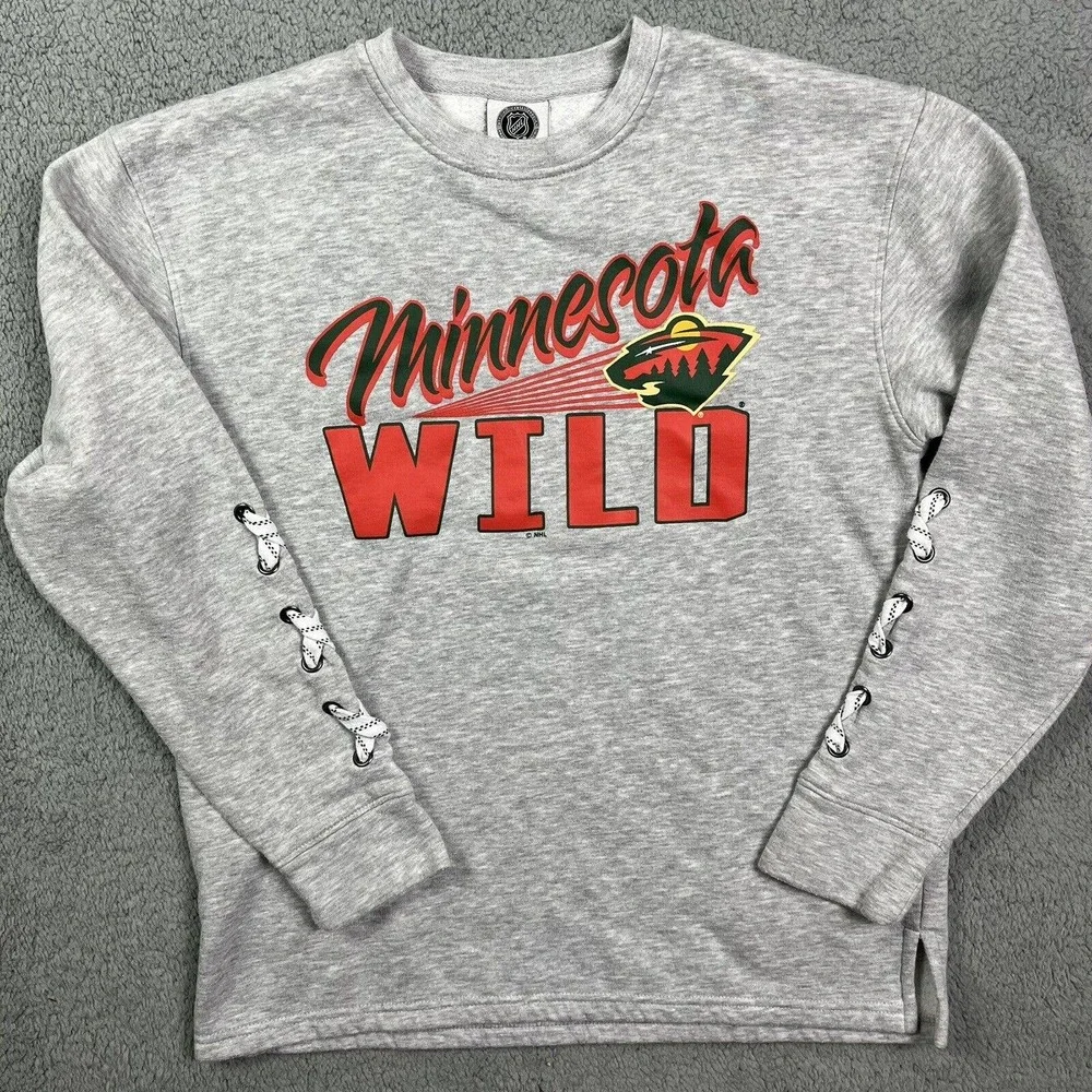 Minnesota Wild Crewneck Sweater Gray Hockey‎ Laces Sweatshirt NHL Size Small